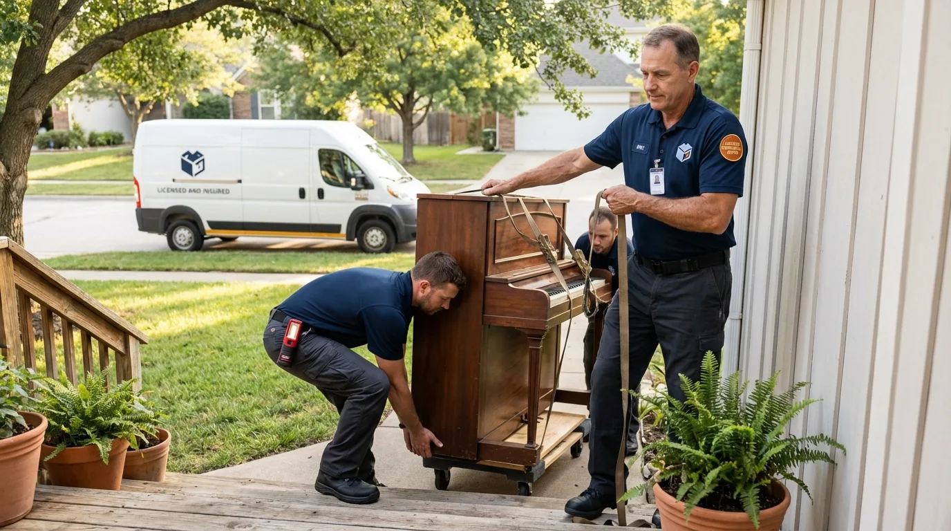 Licensed piano movers securing grand piano in Blauvelt, NY